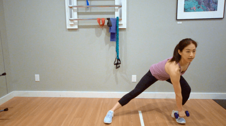Ankle injuries – Vancouver & Burnaby Physio Strength Training – Side Step Lunge 1-Arm Overhead Press
